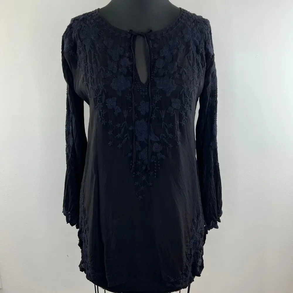 Johnny Was Black Butterfly Winter Tunic Embroidered Floral Tie Neck Women Top XS